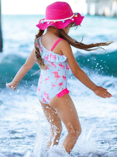 Girls Blue One Shoulder Ruffled Flamingo Print One Piece Swimsuit - Girls One Piece Swimsuit