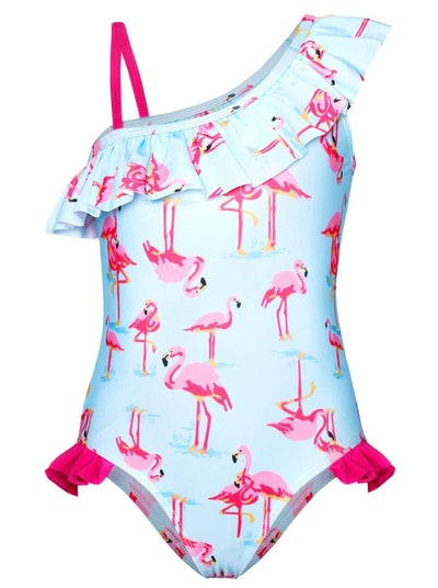 Girls Blue One Shoulder Ruffled Flamingo Print One Piece Swimsuit - Blue / 2T/3T - Girls One Piece Swimsuit