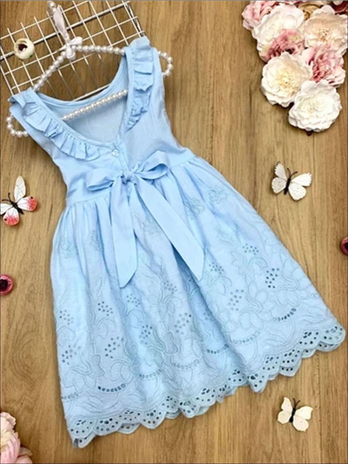 Little Girls Summer Sleeveless summer dress ruffle bib, scoop back design, embroidered lace skirt with detailed hem, and bow tie at the back - Mia Belle Girls