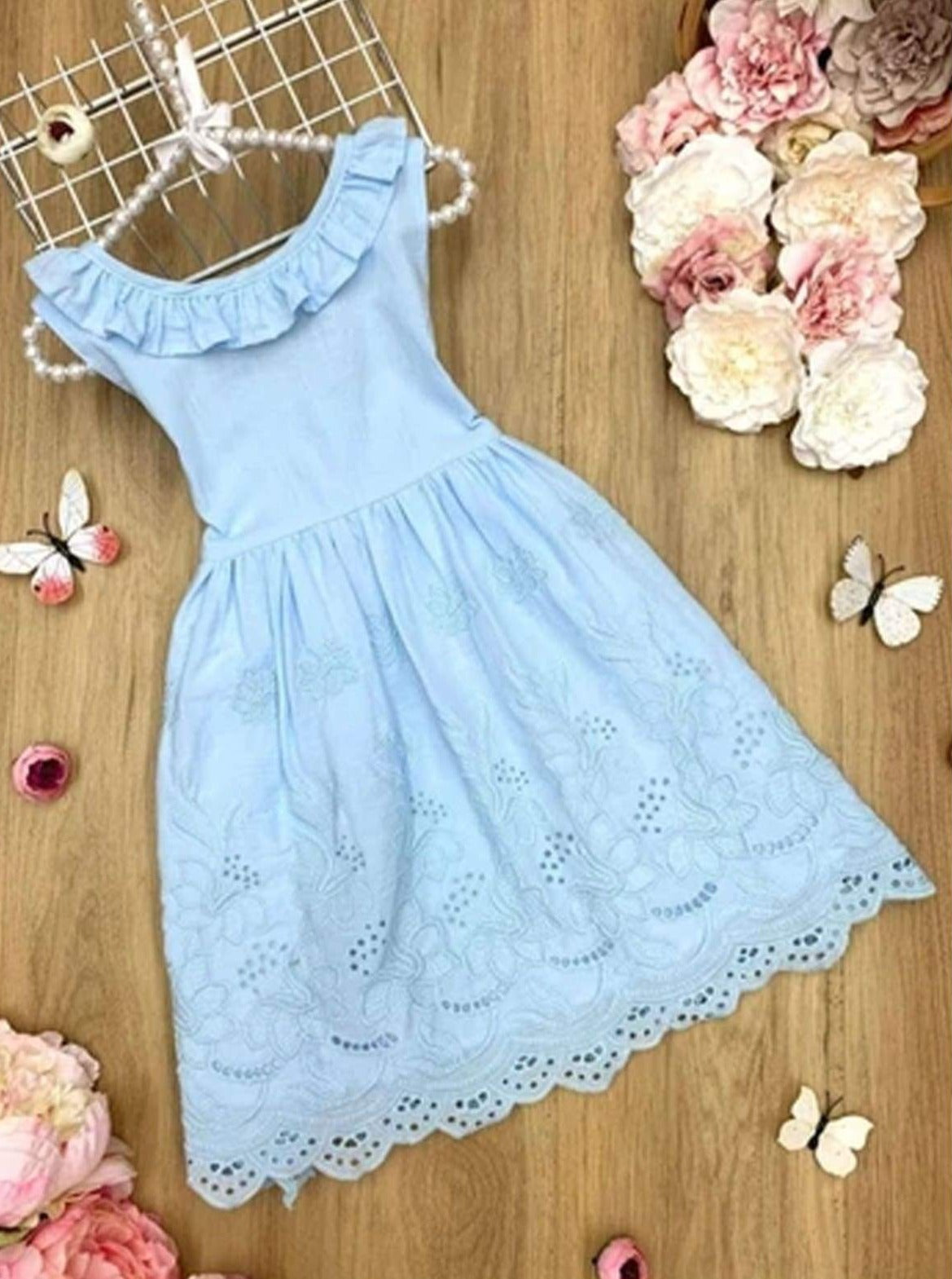 Little Girls Summer Sleeveless summer dress ruffle bib, scoop back design, embroidered lace skirt with detailed hem, and bow tie at the back - Mia Belle Girls