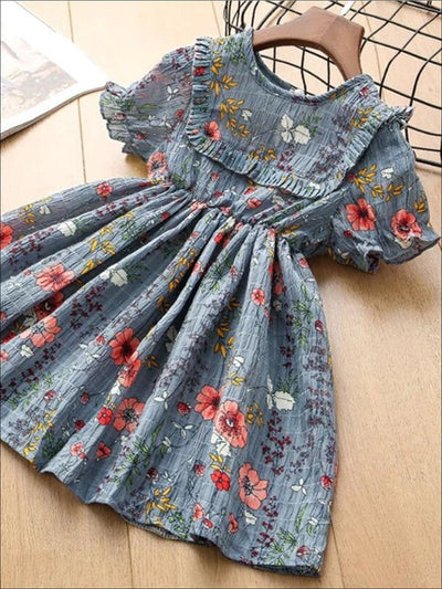 Girls Blue Short Sleeve Floral A-Line Dress - Blue / 2T - Girls Spring Casual Dress