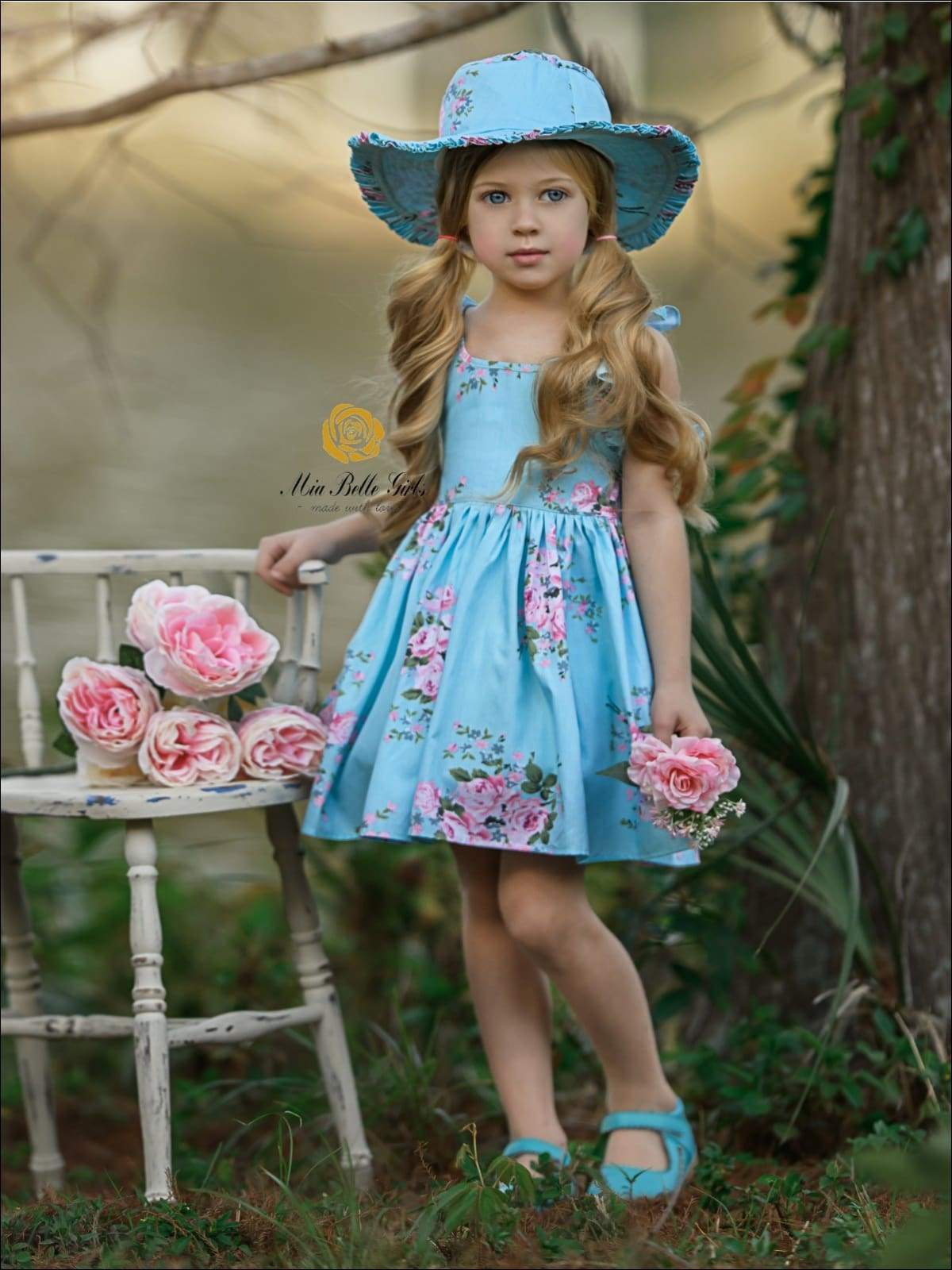 Little Girls Easter Clothes | Blue Cross Back Ruffle Dress & Hat Set