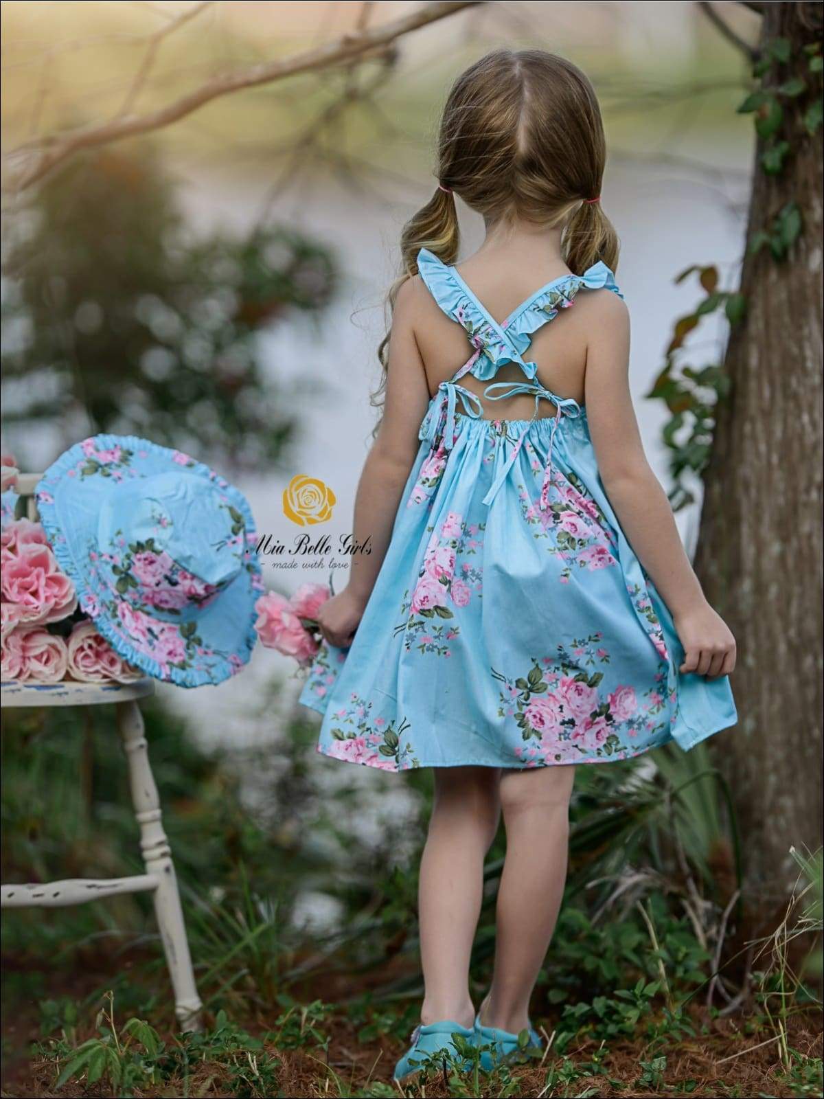Little Girls Easter Clothes | Blue Cross Back Ruffle Dress & Hat Set