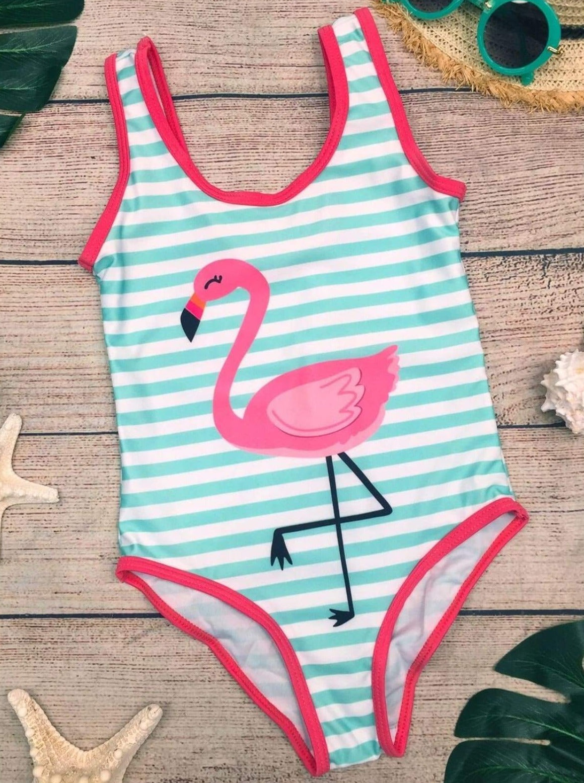 Girls Blue Striped Flamingo One Piece Swimsuit - Girls One Piece Swimsuit