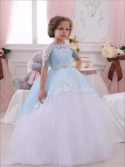 Girls Blue & White Lace & Tulle Flower Girls Pageant Style Gown Dress - Blue & White / 2T - Girls Gown