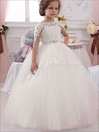 Girls Blue & White Lace & Tulle Flower Girls Pageant Style Gown Dress - White / 2T - Girls Gown