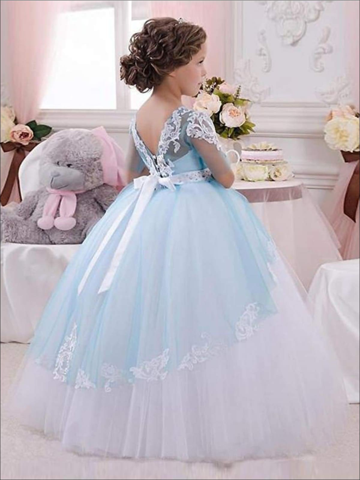 Girls Blue & White Lace & Tulle Flower Girls Pageant Style Gown Dress - Girls Gown