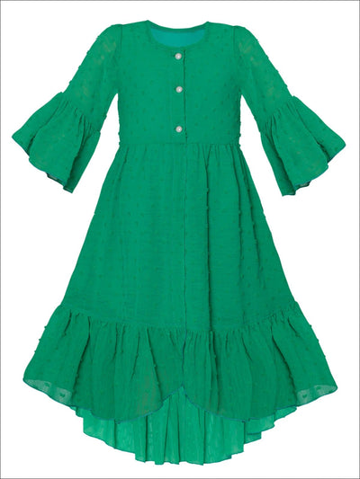 Girls Bohemian Button-Up Ruffle Hi-Low Dress - Green / 2T/3T - Girls Spring Casual Dress
