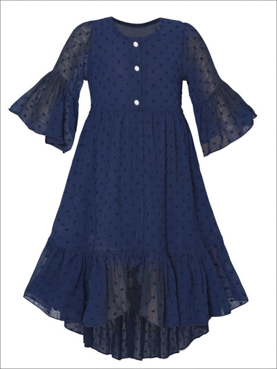 Girls Bohemian Button-Up Ruffle Hi-Low Dress - Navy / 2T/3T - Girls Spring Casual Dress
