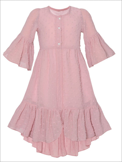 Girls Bohemian Button-Up Ruffle Hi-Low Dress - Pink / 2T/3T - Girls Spring Casual Dress