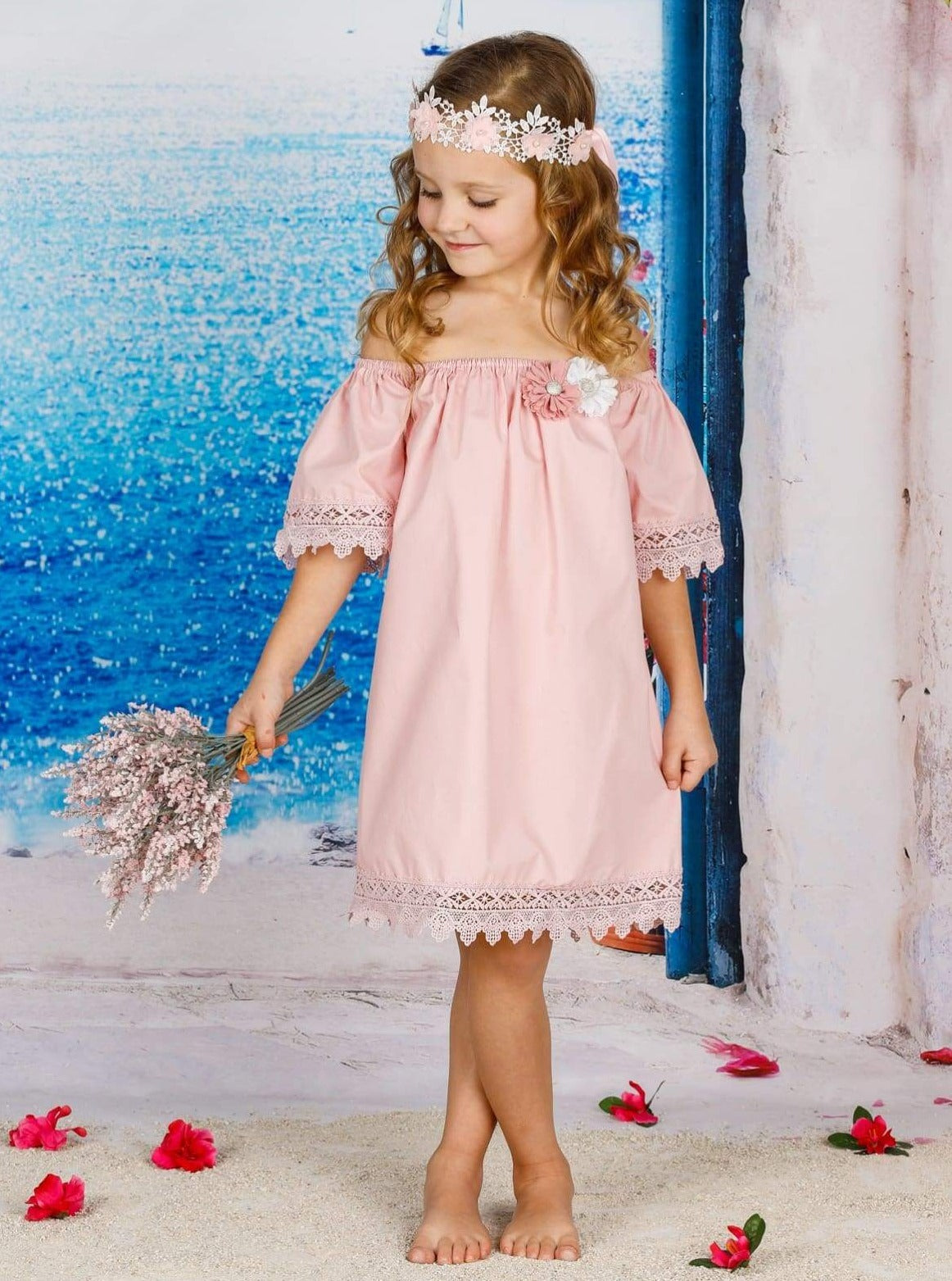Girls Boho Elastic Off the Shoulder Lace Trimmed Dress with Flower Clip - Girls Spring Casual Dress