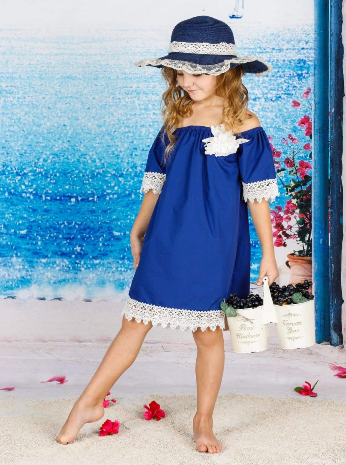 Girls Boho Elastic Off the Shoulder Lace Trimmed Dress with Flower Clip - Girls Spring Casual Dress