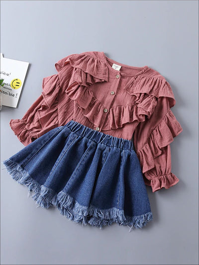 Girls Boho Ruffled Top and Denim Frayed Skirt Set - Pink / 2T - Girls Casual Spring Set