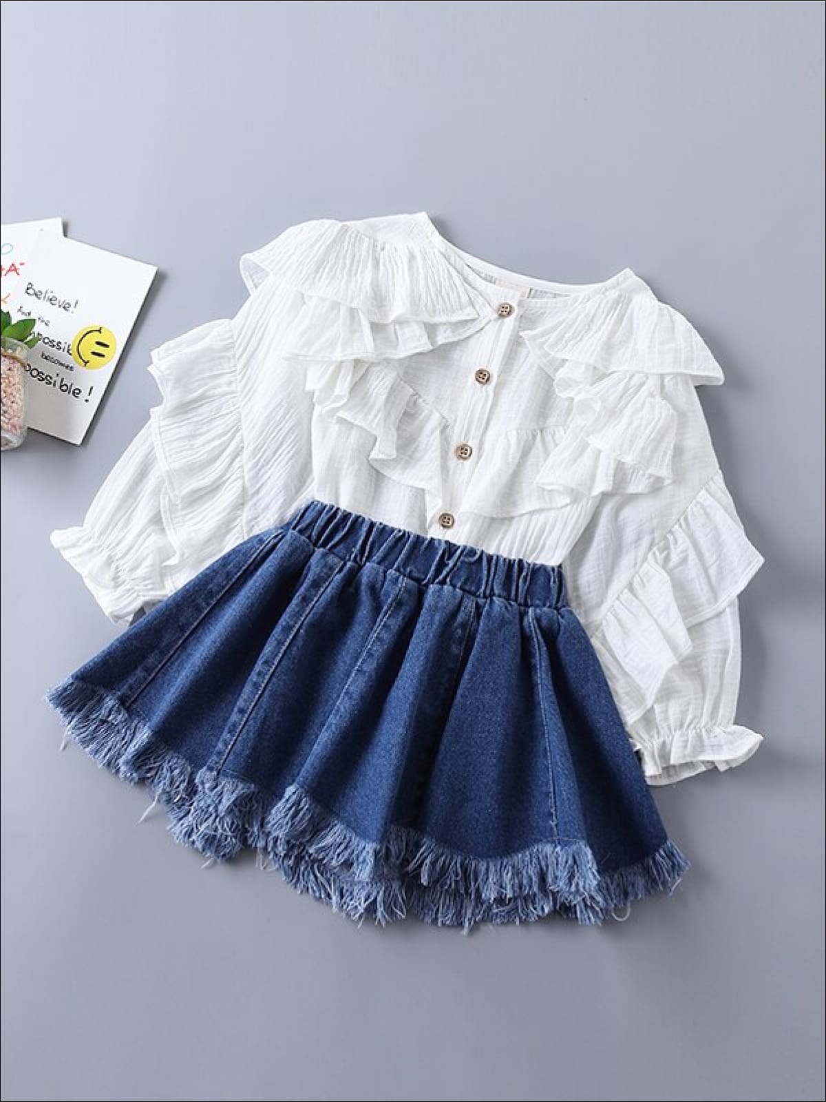 Girls Boho Ruffled Top and Denim Frayed Skirt Set - White / 2T - Girls Casual Spring Set