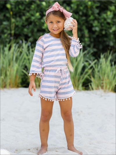 Toddler Spring Outfits | Girls Striped Cold Shoulder Pom Pom Romper