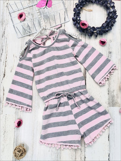 Toddler Spring Outfits | Girls Striped Cold Shoulder Pom Pom Romper ...