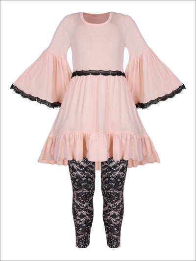 Girls Boho Sleeve Ruffled Trimmed Tunic & Printed Leggings Set - Pink / 2T/3T - Girls Fall Casual Set