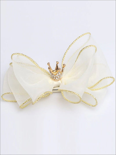 Girls Bow and Rhinestone Embellished Crown Hair Clip - Cream - Hair Accessories