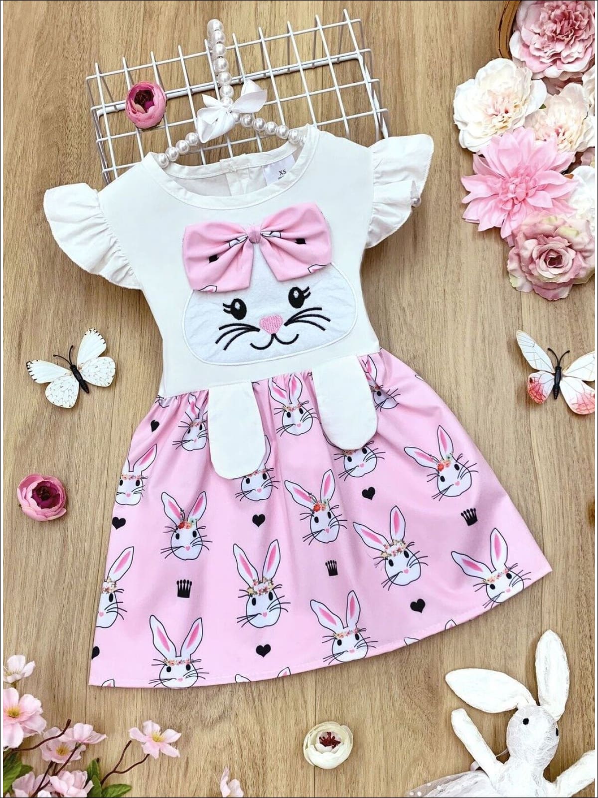 Kids Casual Easter Dress | Girls Pink Bow Bunny Flutter Sleeve Dress ...