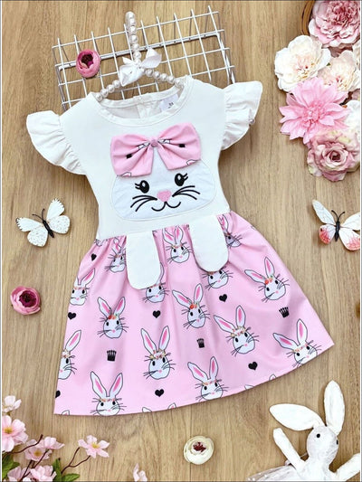 Kids Casual Easter Dress | Girls Pink Bow Bunny Flutter Sleeve Dress