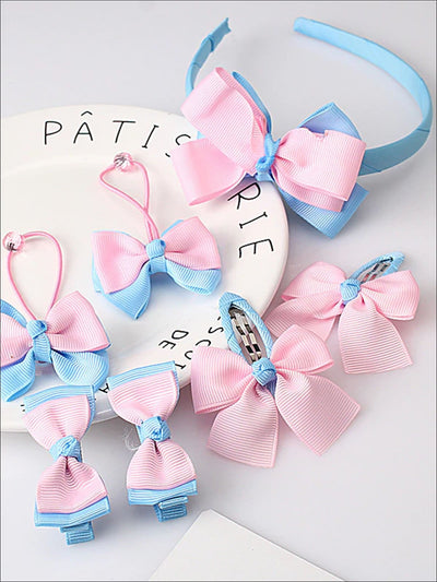 Girls Bow Embellished Hair Accessories Set - Sky Blue - Girls Accessories