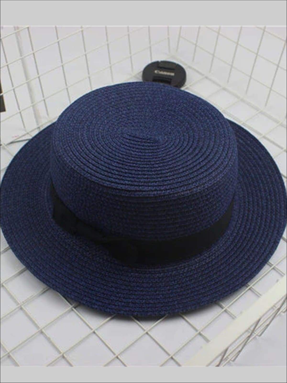 Girls Bow Embellished Straw Hat - Navy / child size (50-52cm) - Girls Accessories