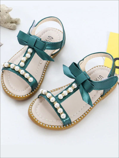 Girls Bow Strap Pearl Embellished Sandals - Green / 6 - Girls Sandals