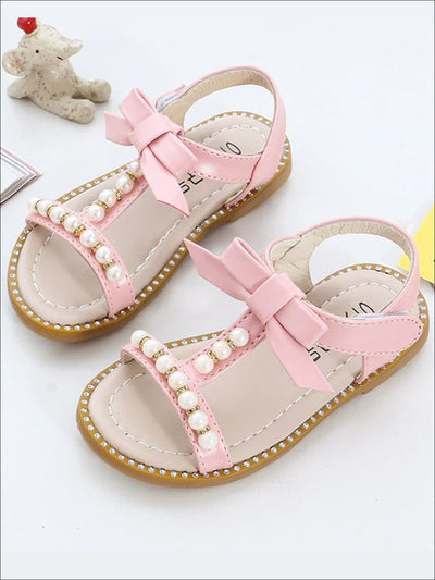 Girls Bow Strap Pearl Embellished Sandals - Pink / 6 - Girls Sandals