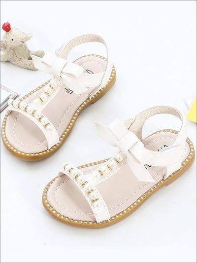 Girls Bow Strap Pearl Embellished Sandals - White / 6 - Girls Sandals