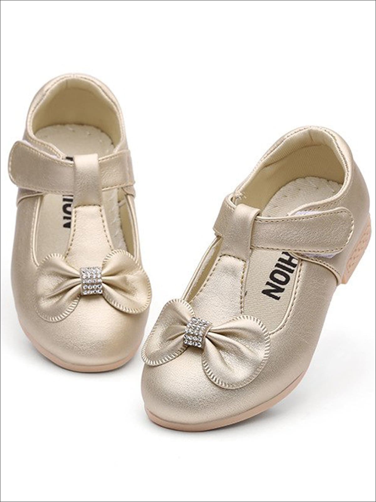Girls Bow Tie Embellished Mary Jane Flats - gold / 1 - Girls Flats