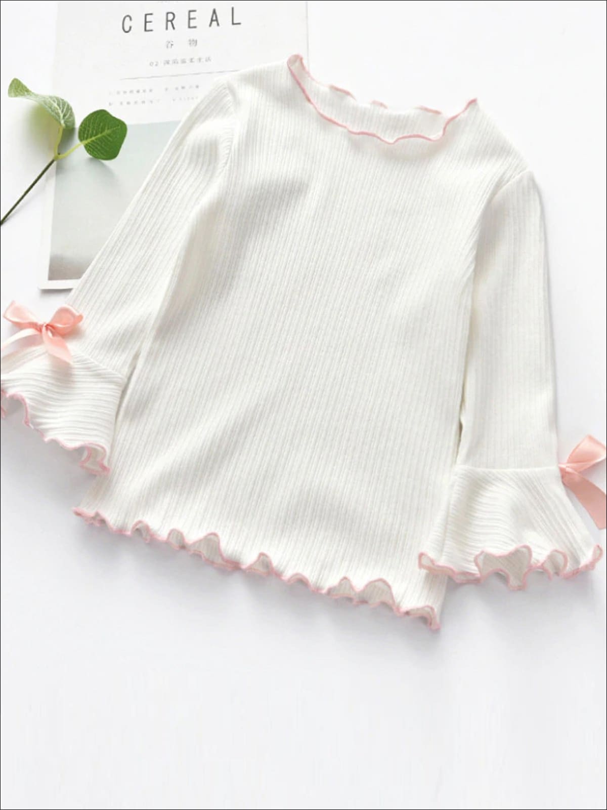 Girls Bow Tie Flare Sleeve Top - White / 2T - Girls Fall Top