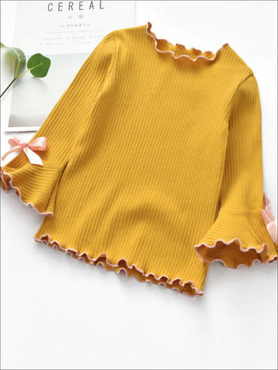 Girls Bow Tie Flare Sleeve Top - Yellow / 2T - Girls Fall Top
