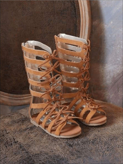 Girls Bow Tie Gladiator Sandals - Khaki / 1 - Girls Sandals