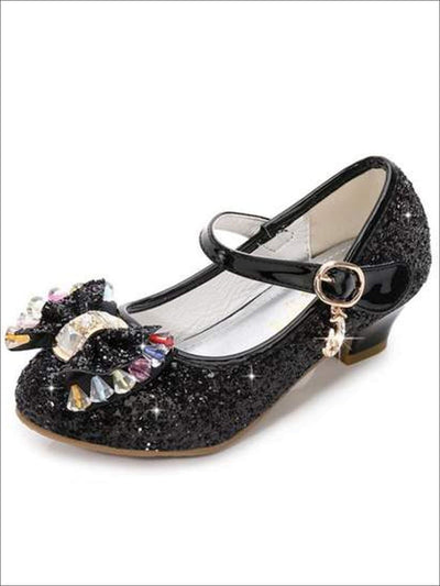 Girls Black Gem Bow Tie Glitter Princess Shoes By Liv and Mia - Black / 1 - Girls Flats