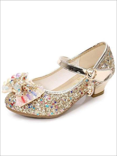 Girls Gem Bow Tie Glitter Princess Shoes By Liv and Mia - Gold / 1 - Girls Flats