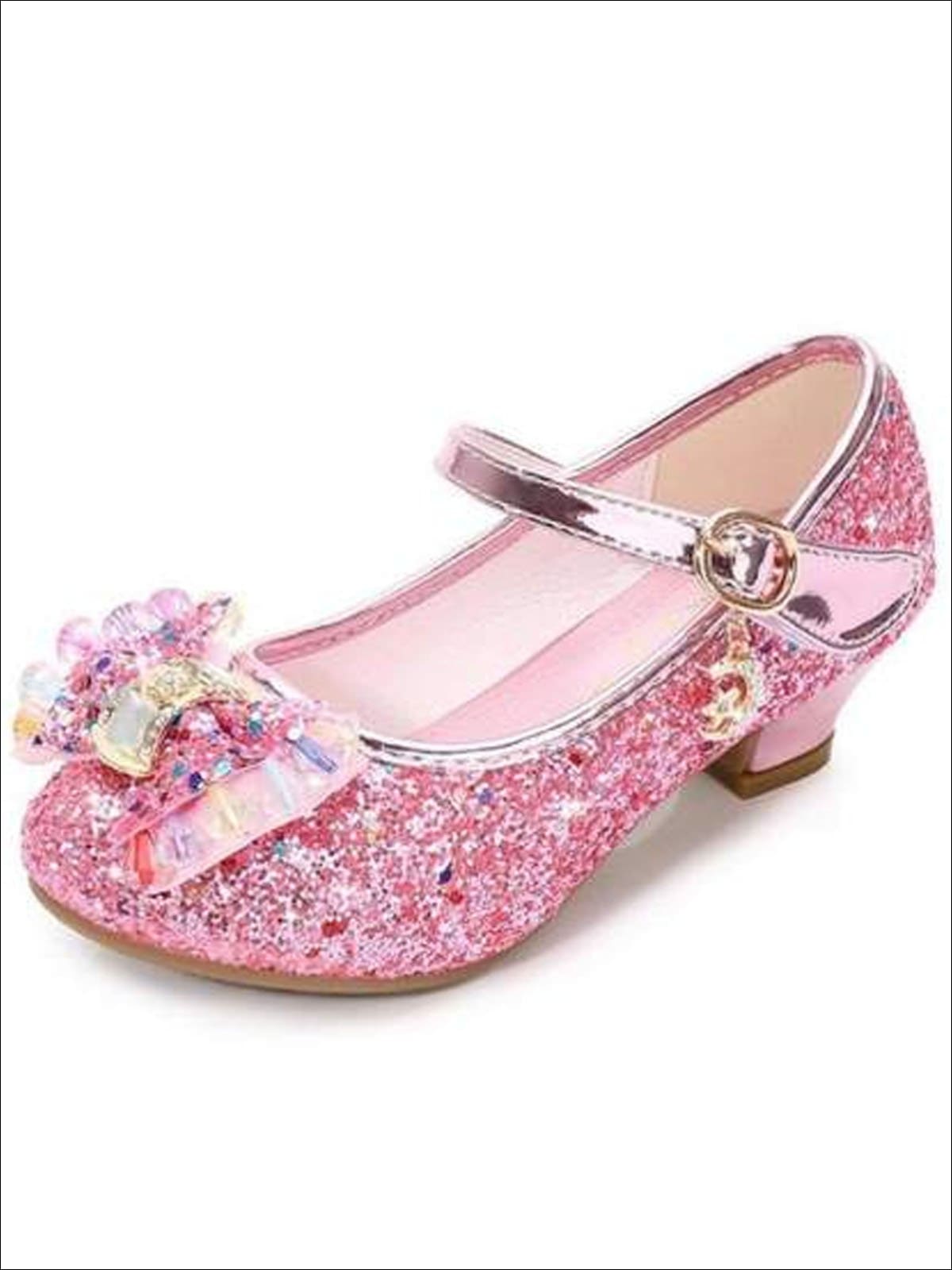 Girls Gem Bow Tie Glitter Princess Shoes By Liv and Mia- Pink / 1 - Girls Flats