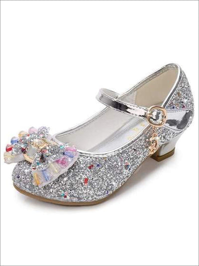 Girls Gem Bow Tie Glitter Princess Shoes By Liv and Mia- Silver / 1 - Girls Flats