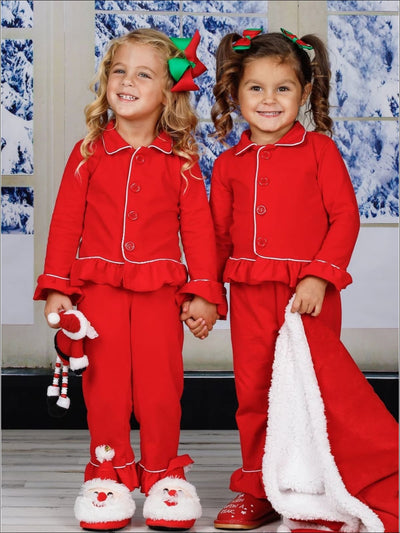 Girls & Boys Red Button Down Collared Classic Christmas Pajama Set - Girls Christmas Pajama