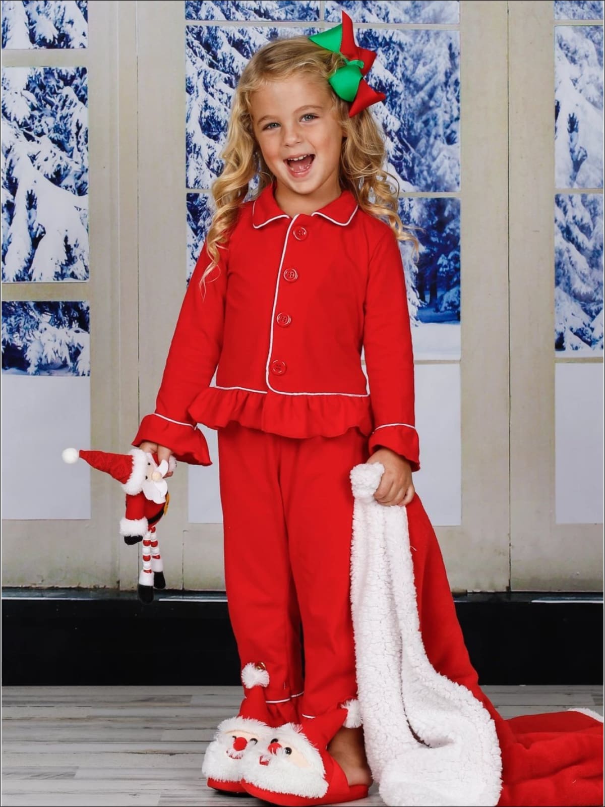 Girls & Boys Red Button Down Collared Classic Christmas Pajama Set - Girls Christmas Pajama