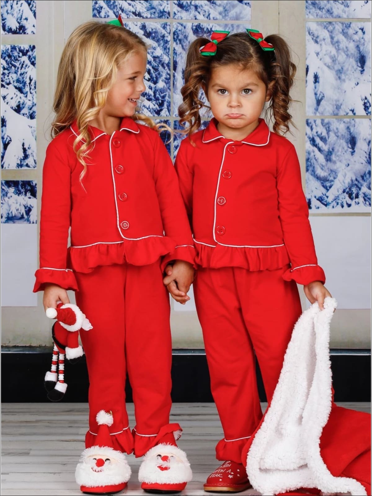 Girls & Boys Red Button Down Collared Classic Christmas Pajama Set - Red / 2T/3T Girl - Girls Christmas Pajama