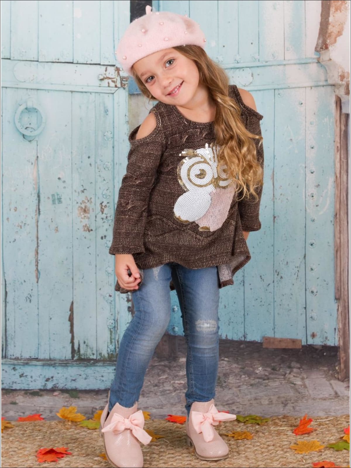 Girls Brown Hi-Lo Long Sleeve Cold Shoulder Cable Knit Tunic with Sequin Owl Applique - Girls Fall Top