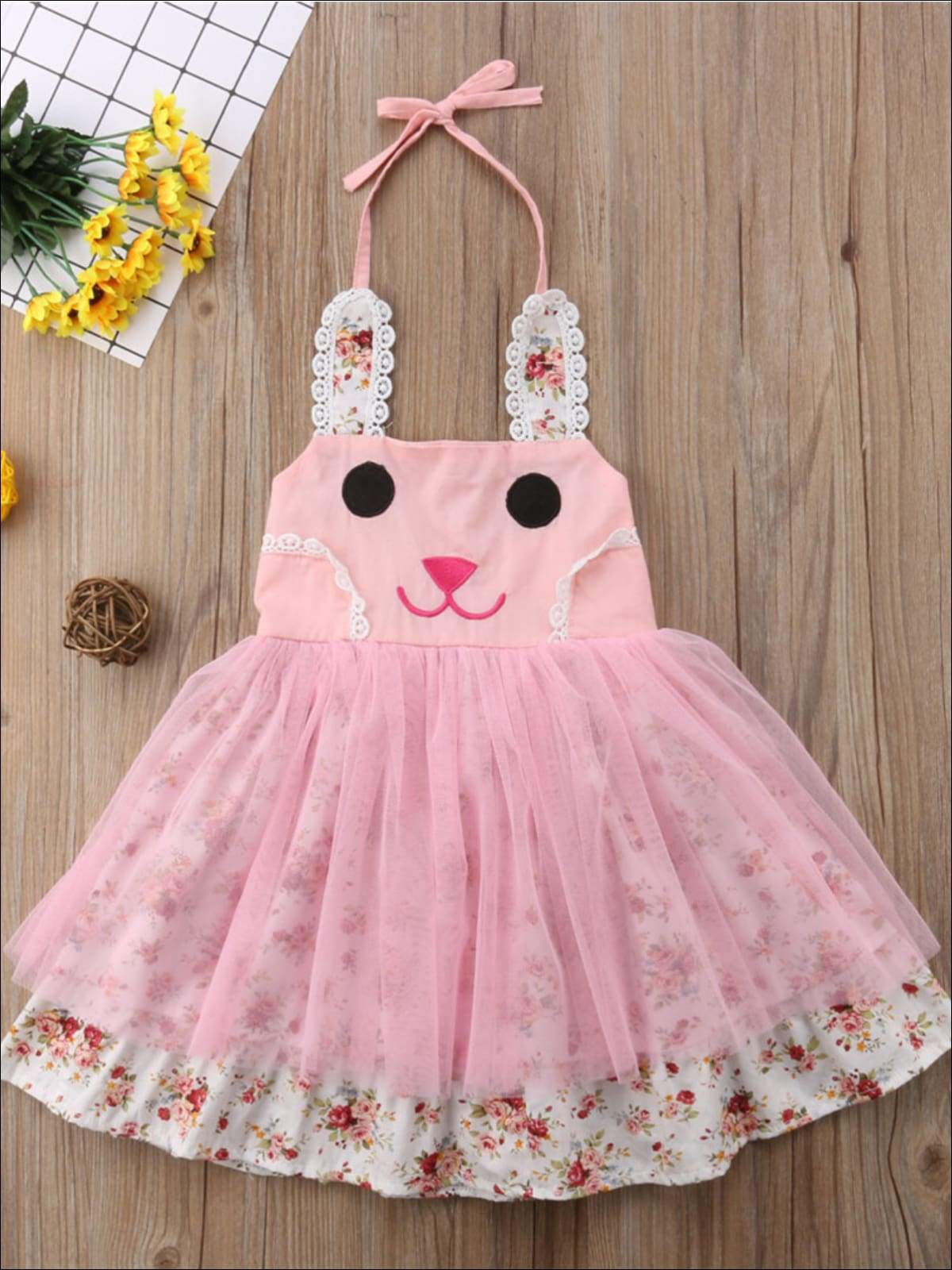 Girls Bunny Floral Tulle Tutu Dress - Pink / 4T - Girls Spring Dressy Dress