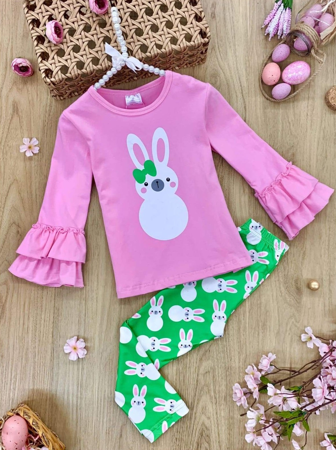 Girls Bunny Ruffle Sleeve Top and Leggings Set - Pink / 2T - Girls Easter Set