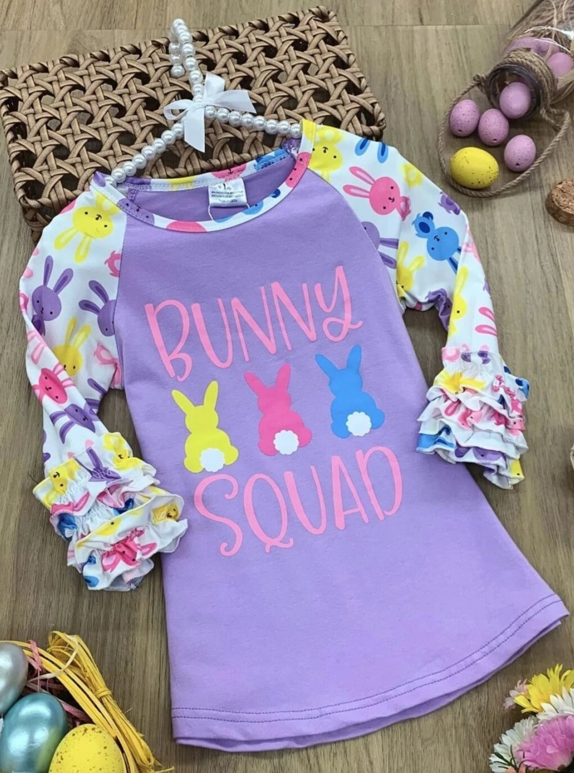 Top features a "Bunny Squad" graphic with bunny print raglan ruffle sleeves  - Girls Spring Top