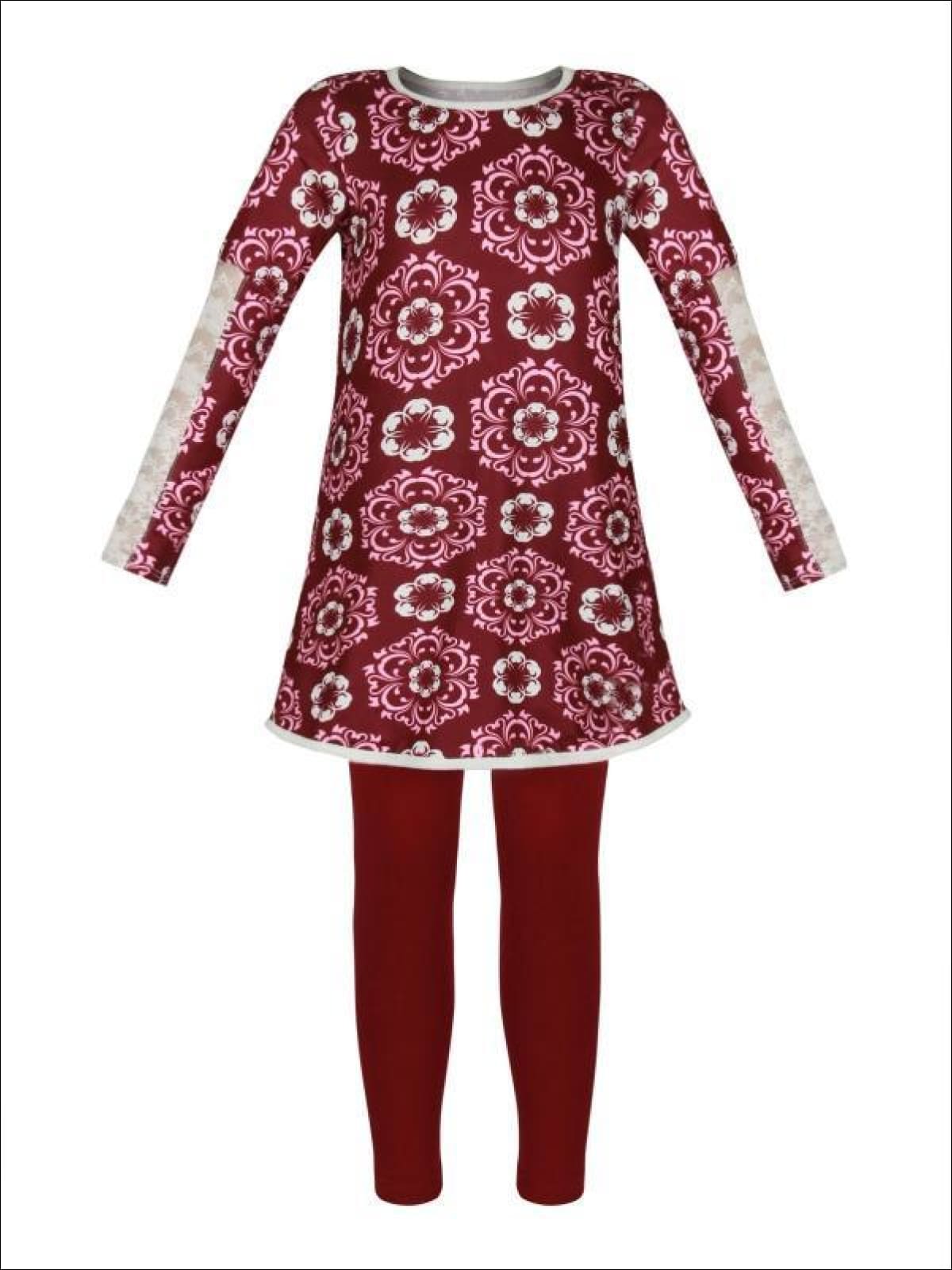 Girls Burgundy & Creme Medallion Print Long Lace Patch Sleeve Tunic & Matching Leggings Set - Girls Fall Casual Set