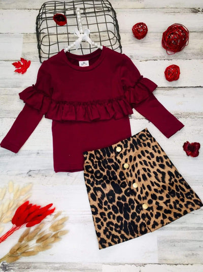 Little girls long-sleeve top with center ruffle trim and animal print faux-button skirt - Girls Fall Casual Set