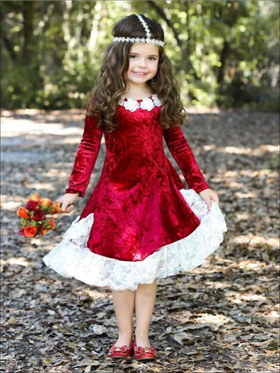 Girls Burgundy Velvet Princess Holiday Dress with Ruffled Pockets - Girls Fall Dressy Dress