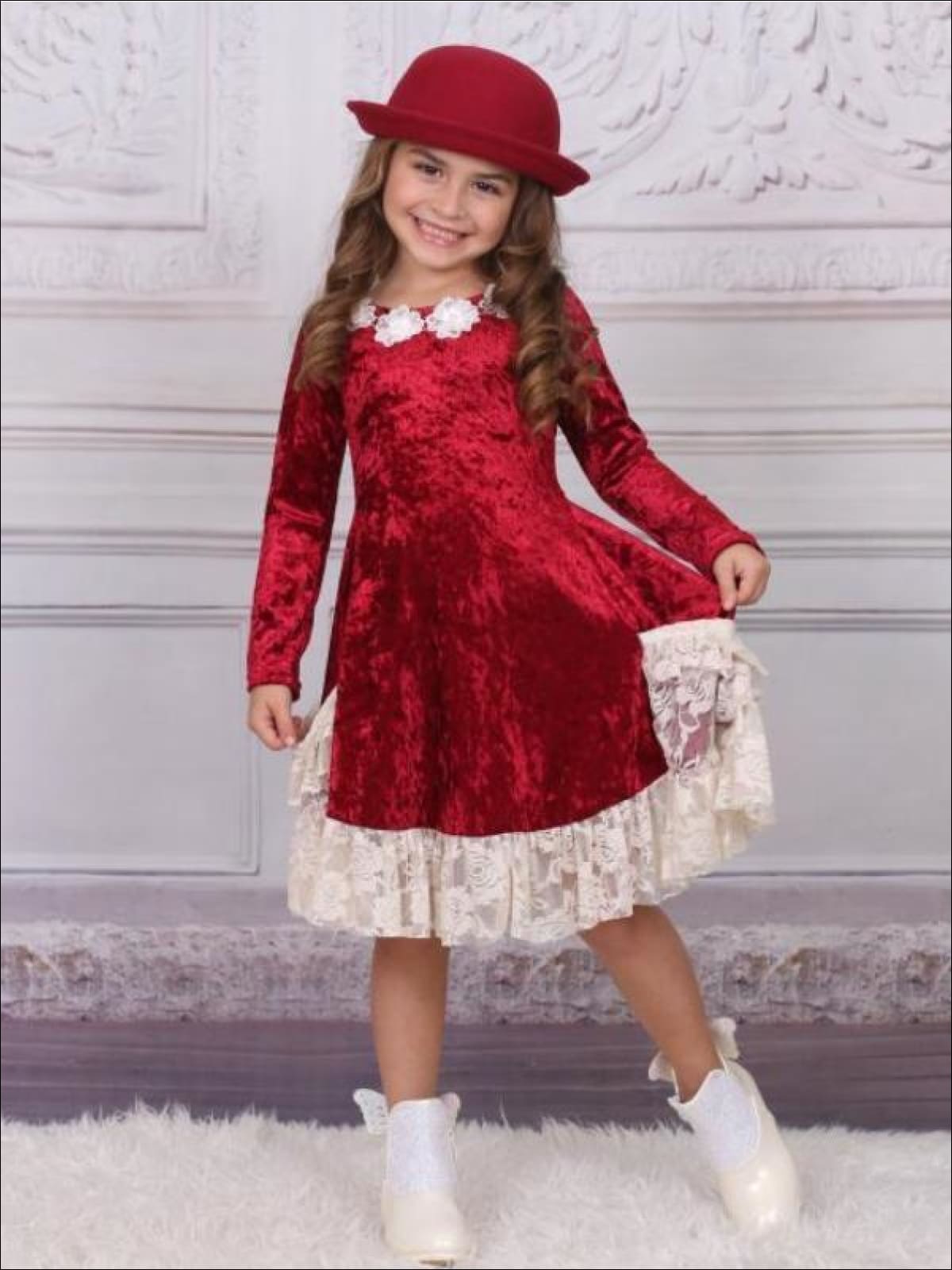 Girls Burgundy Velvet Princess Holiday Dress with Ruffled Pockets - Girls Fall Dressy Dress
