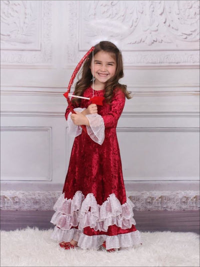 Girls Burgundy Velvet Princess Maxi Holiday Dress with Ruffled Waves - Girls Fall Dressy Dress