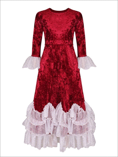 Girls Burgundy Velvet Princess Maxi Holiday Dress with Ruffled Waves - Burgundy / 2T/3T - Girls Fall Dressy Dress